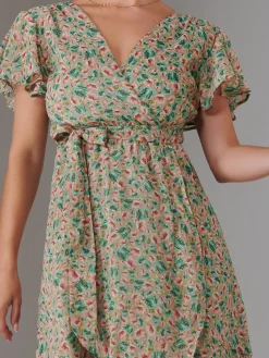 Jolie Moi Occasion Dresses|Floral Dresses-Petite High Low Midaxi Dress, Beige Multi
