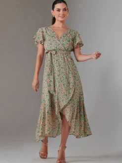 Jolie Moi Occasion Dresses|Floral Dresses-Petite High Low Midaxi Dress, Beige Multi