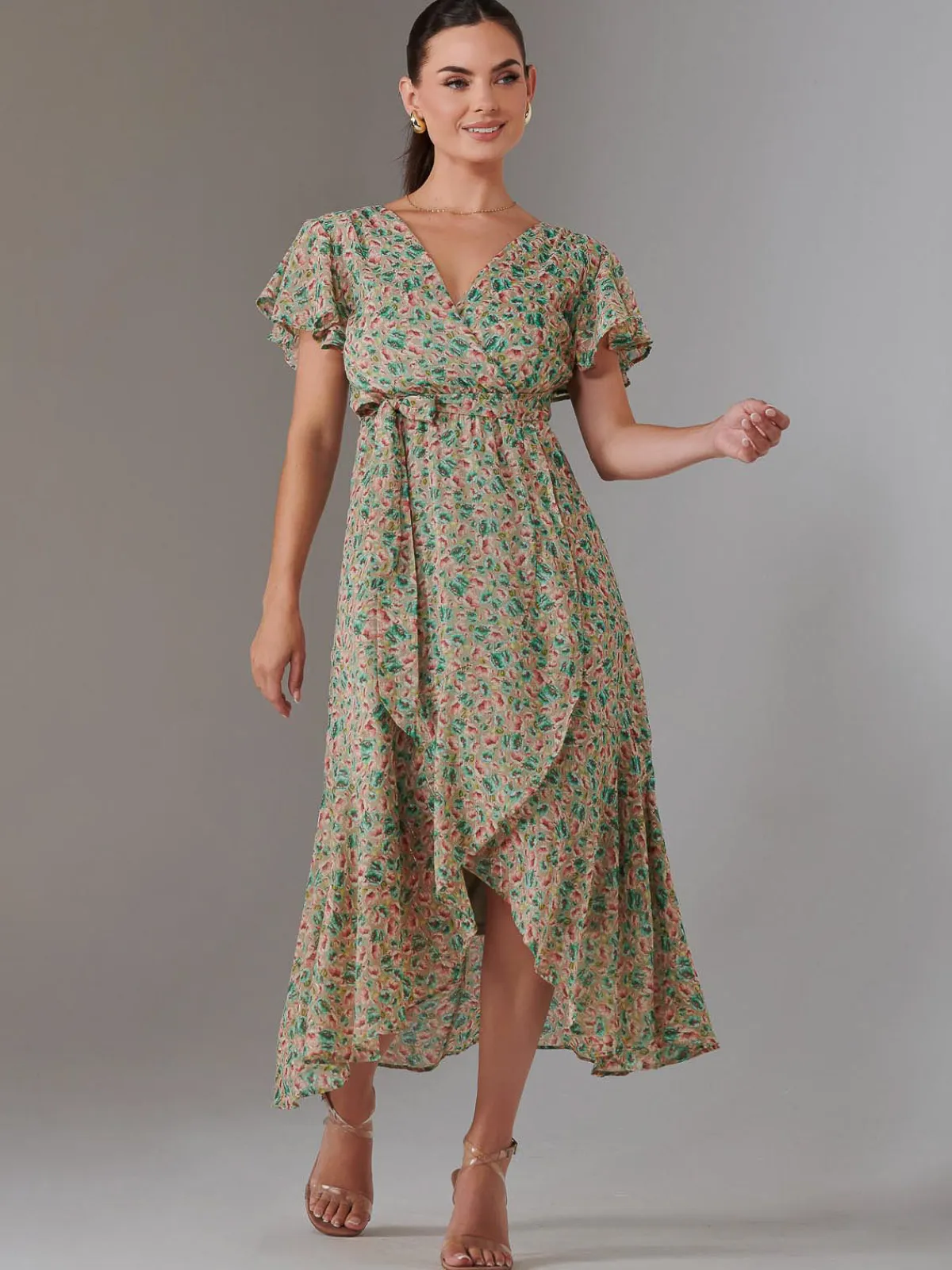 Jolie Moi Occasion Dresses|Floral Dresses-Petite High Low Midaxi Dress, Beige Multi