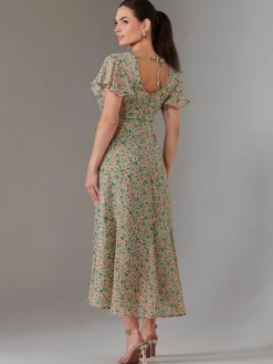 Jolie Moi Occasion Dresses|Floral Dresses-Petite High Low Midaxi Dress, Beige Multi