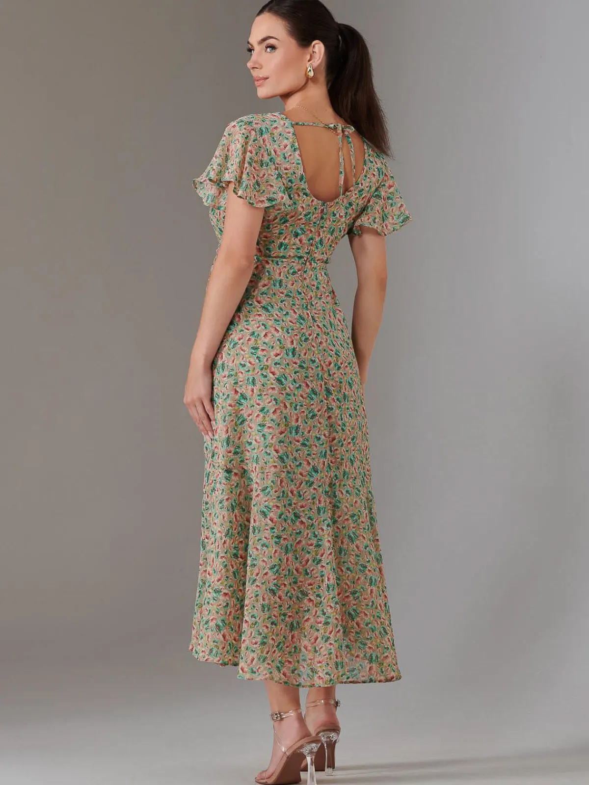 Jolie Moi Occasion Dresses|Floral Dresses-Petite High Low Midaxi Dress, Beige Multi