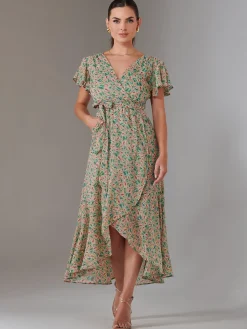 Jolie Moi Occasion Dresses|Floral Dresses-Petite High Low Midaxi Dress, Beige Multi