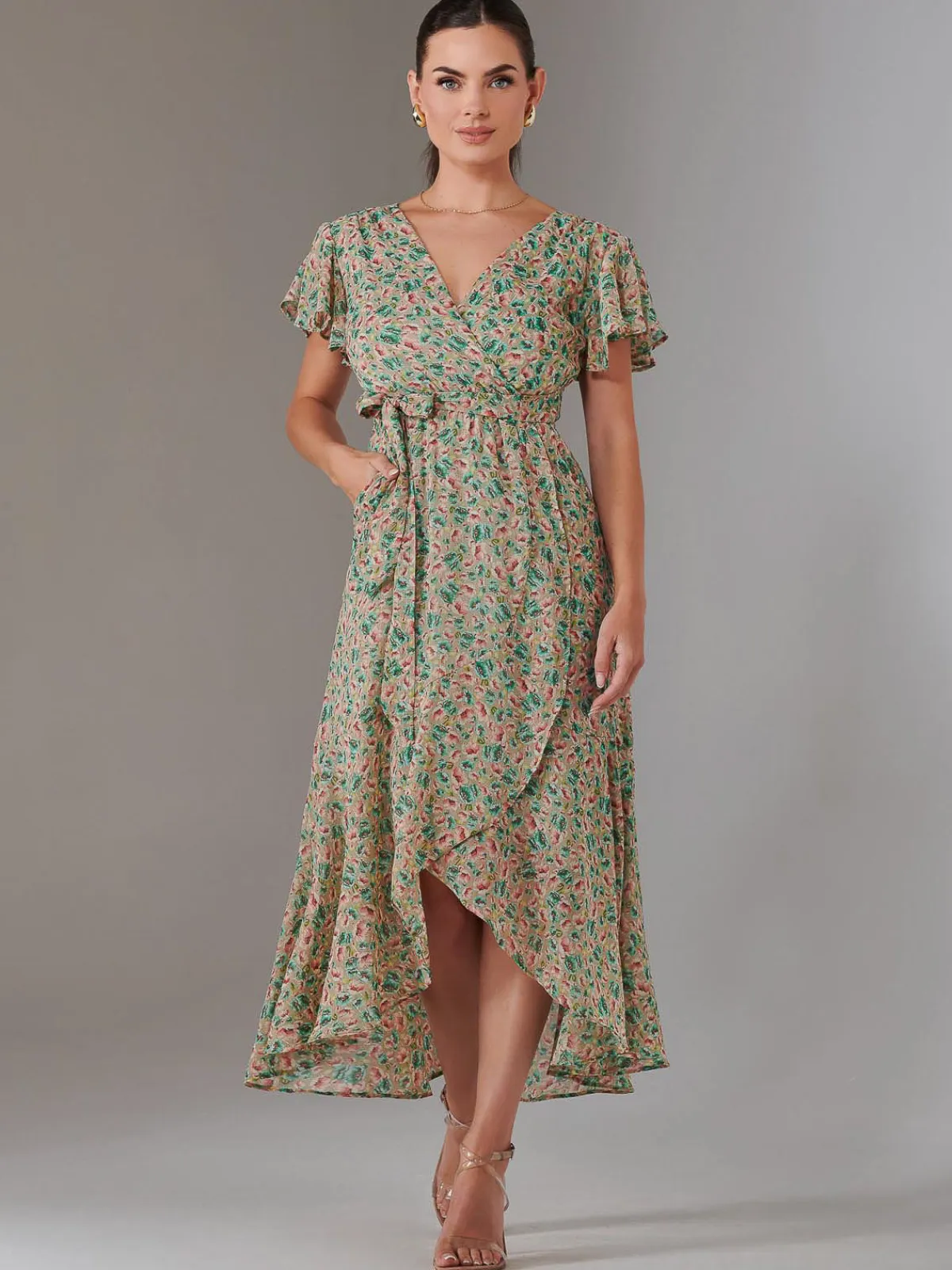 Jolie Moi Occasion Dresses|Floral Dresses-Petite High Low Midaxi Dress, Beige Multi