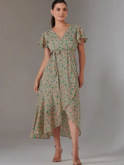 Jolie Moi Occasion Dresses|Floral Dresses-Petite High Low Midaxi Dress, Beige Multi