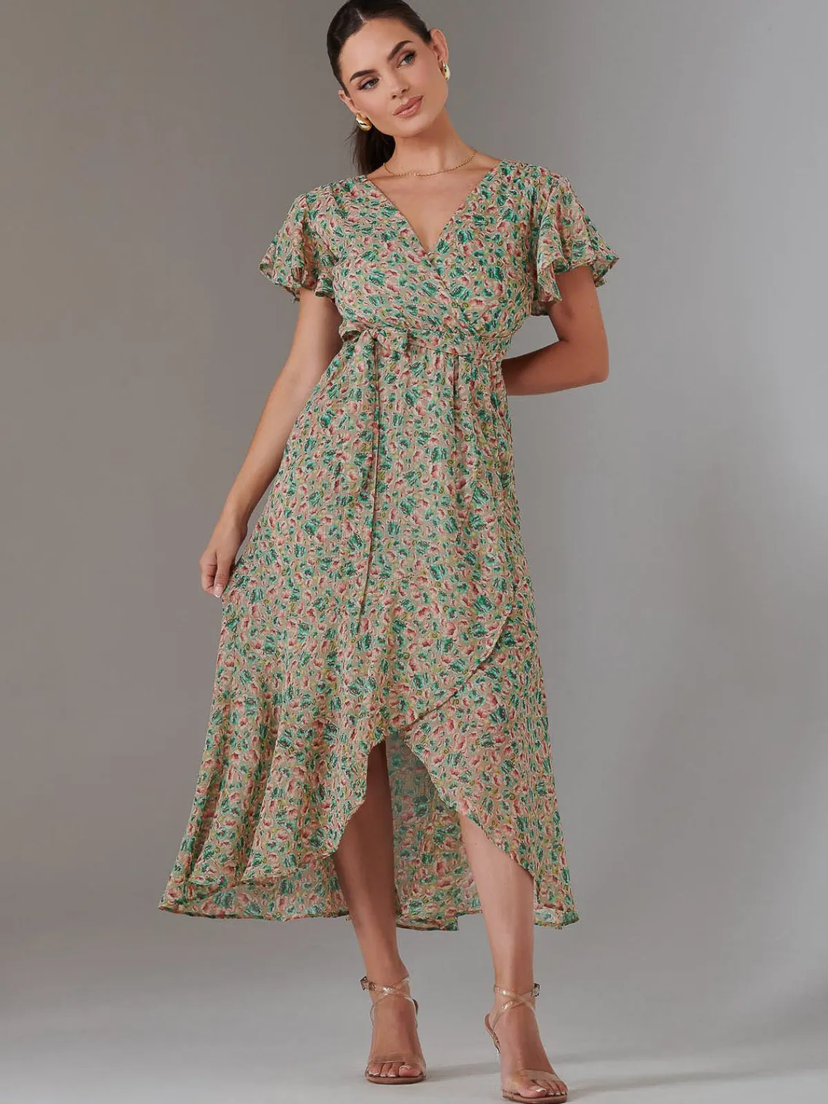 Jolie Moi Occasion Dresses|Floral Dresses-Petite High Low Midaxi Dress, Beige Multi