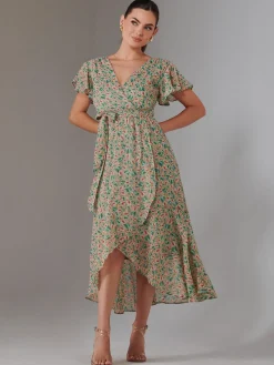Jolie Moi Occasion Dresses|Floral Dresses-Petite High Low Midaxi Dress, Beige Multi