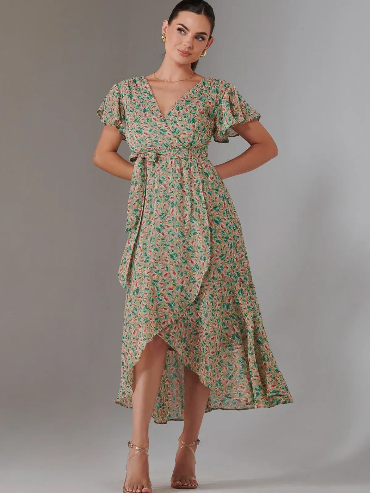 Jolie Moi Occasion Dresses|Floral Dresses-Petite High Low Midaxi Dress, Beige Multi