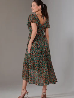 Jolie Moi Occasion Dresses|Floral Dresses-Petite High Low Midaxi Dress, Black Multi