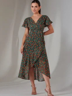 Jolie Moi Occasion Dresses|Floral Dresses-Petite High Low Midaxi Dress, Black Multi