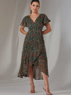 Jolie Moi Occasion Dresses|Floral Dresses-Petite High Low Midaxi Dress, Black Multi