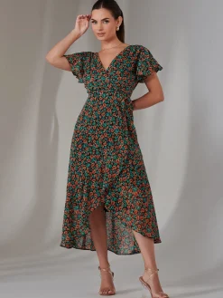 Jolie Moi Occasion Dresses|Floral Dresses-Petite High Low Midaxi Dress, Black Multi