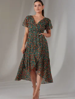 Jolie Moi Occasion Dresses|Floral Dresses-Petite High Low Midaxi Dress, Black Multi