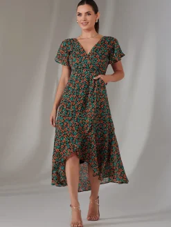 Jolie Moi Occasion Dresses|Floral Dresses-Petite High Low Midaxi Dress, Black Multi