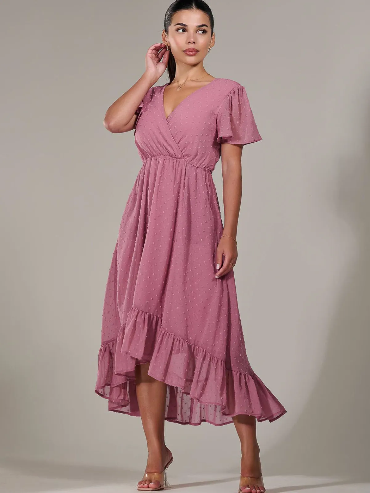 Jolie Moi Occasion Dresses-Petite High-Low Midaxi Dress, Dusty Pink