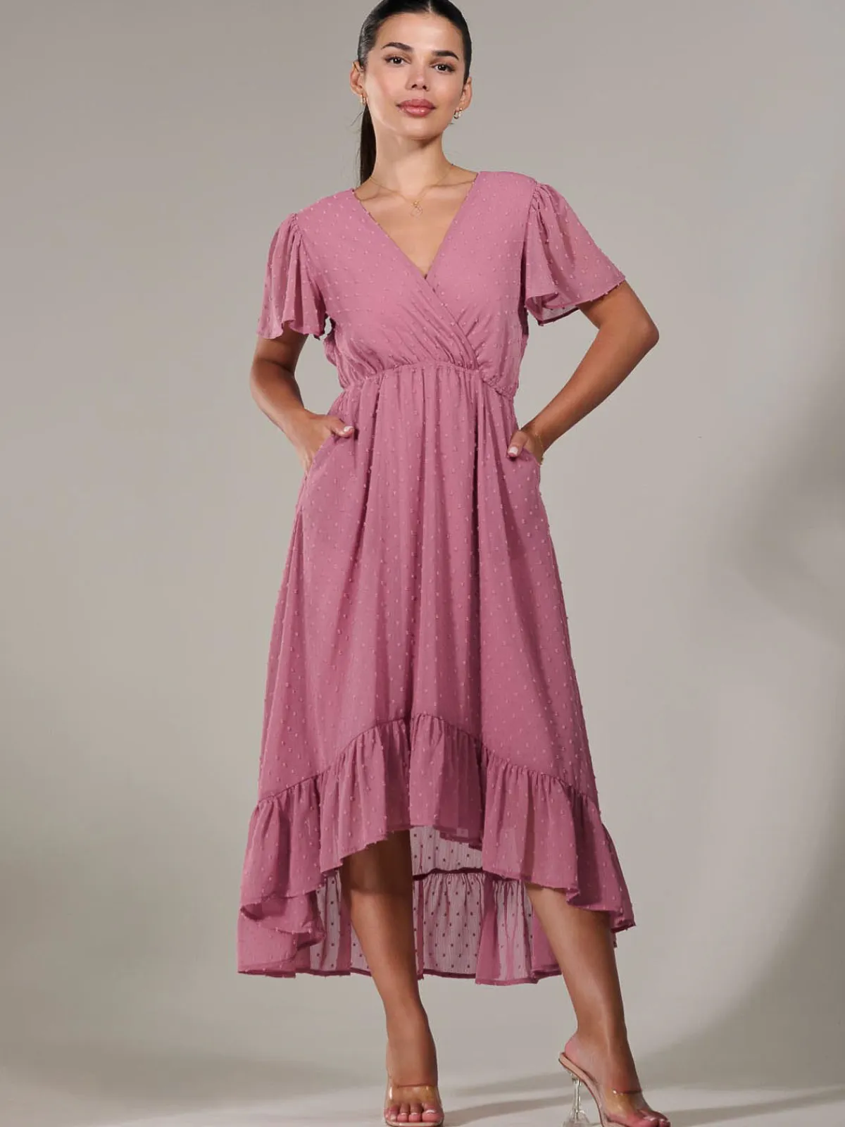 Jolie Moi Occasion Dresses-Petite High-Low Midaxi Dress, Dusty Pink