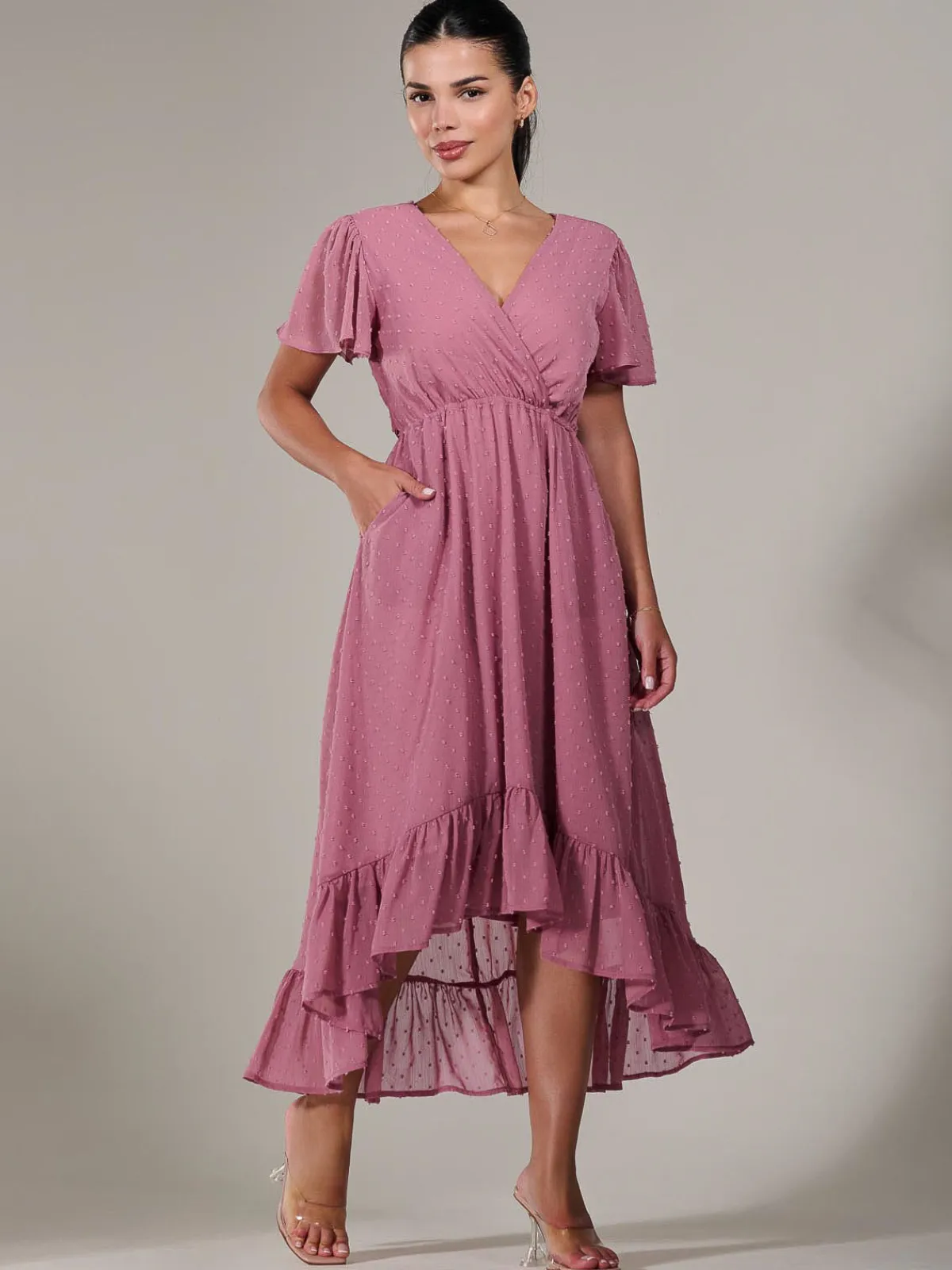 Jolie Moi Occasion Dresses-Petite High-Low Midaxi Dress, Dusty Pink