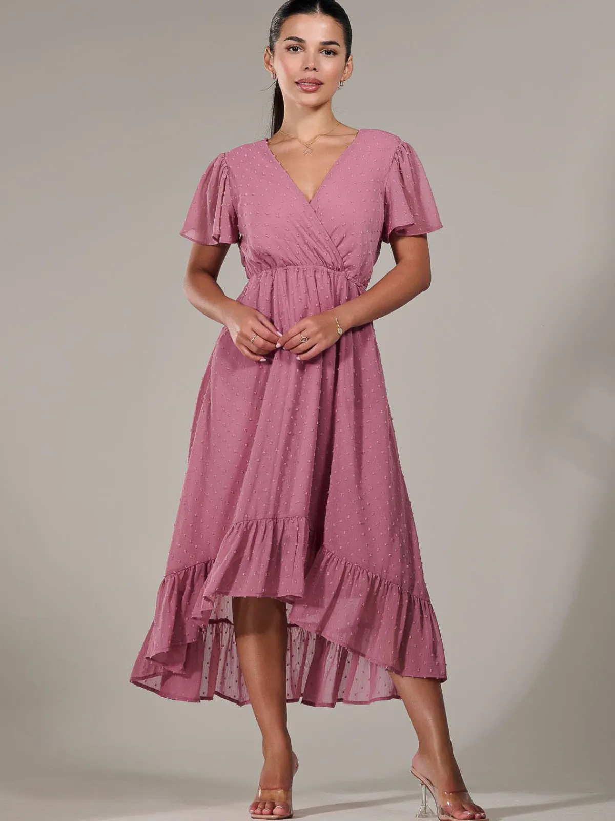 Jolie Moi Occasion Dresses-Petite High-Low Midaxi Dress, Dusty Pink