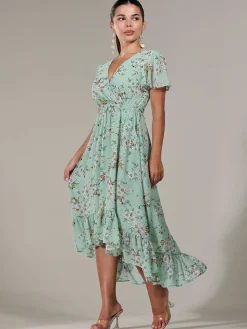 Jolie Moi Occasion Dresses|Floral Dresses-Petite High-Low Midaxi Dress, Green Floral