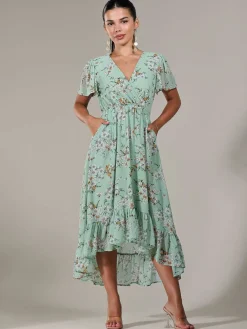 Jolie Moi Occasion Dresses|Floral Dresses-Petite High-Low Midaxi Dress, Green Floral