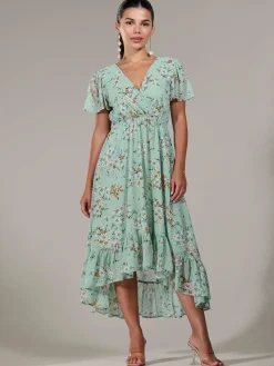 Jolie Moi Occasion Dresses|Floral Dresses-Petite High-Low Midaxi Dress, Green Floral