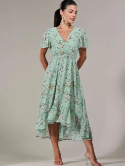 Jolie Moi Occasion Dresses|Floral Dresses-Petite High-Low Midaxi Dress, Green Floral