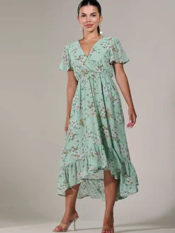 Jolie Moi Occasion Dresses|Floral Dresses-Petite High-Low Midaxi Dress, Green Floral