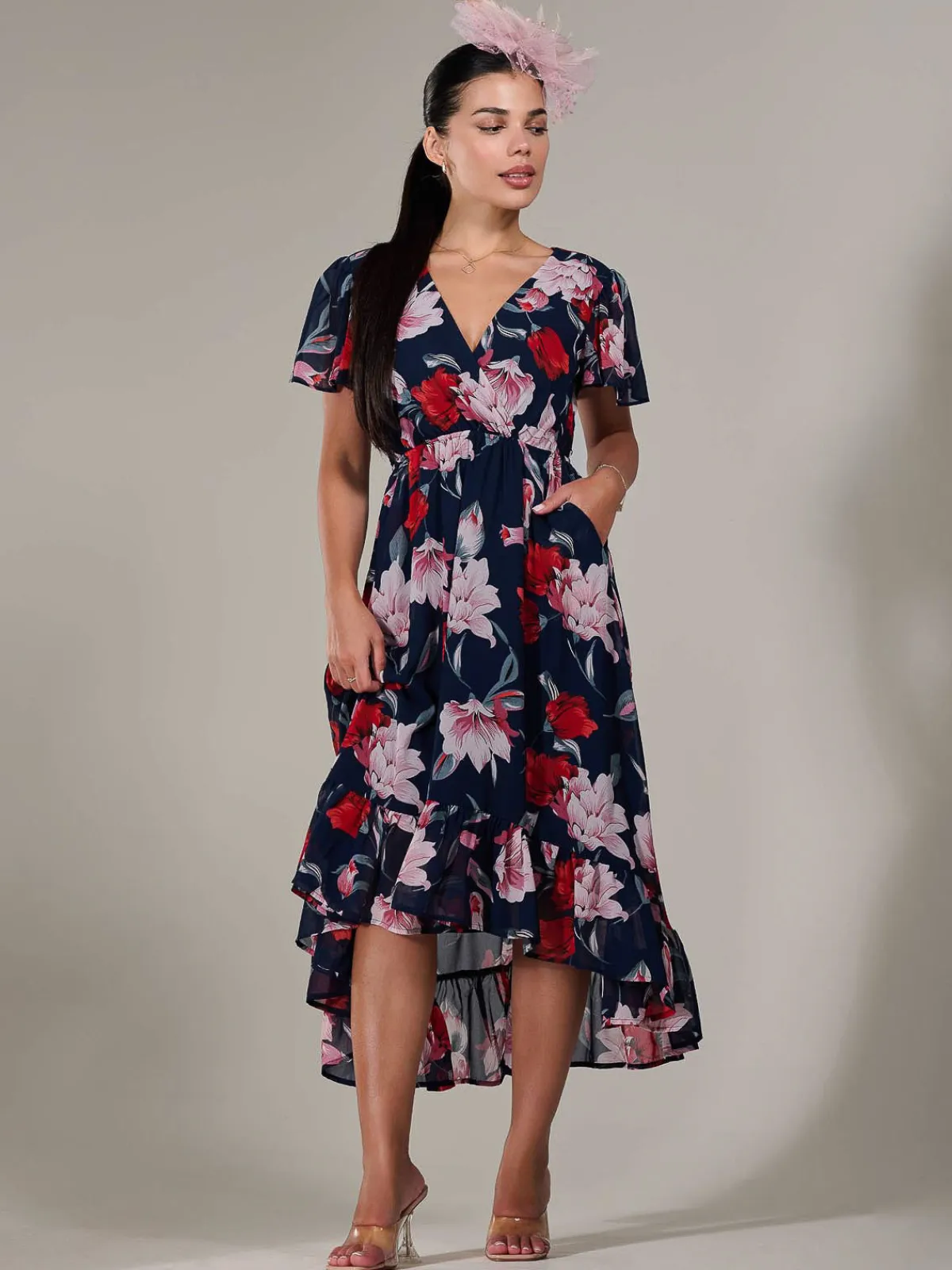 Jolie Moi Occasion Dresses|Floral Dresses-Petite High-Low Midaxi Dress, Navy Floral