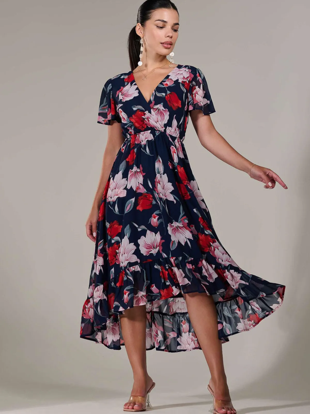 Jolie Moi Occasion Dresses|Floral Dresses-Petite High-Low Midaxi Dress, Navy Floral