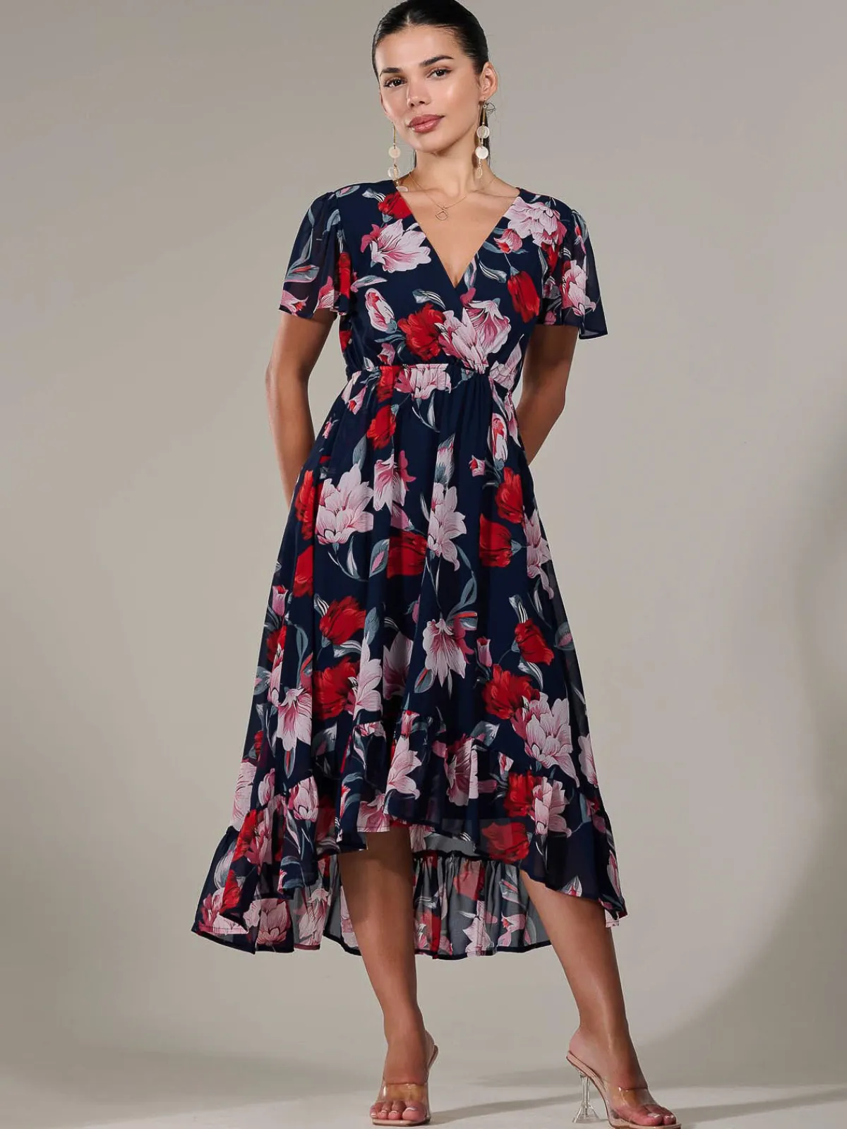 Jolie Moi Occasion Dresses|Floral Dresses-Petite High-Low Midaxi Dress, Navy Floral