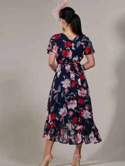 Jolie Moi Occasion Dresses|Floral Dresses-Petite High-Low Midaxi Dress, Navy Floral