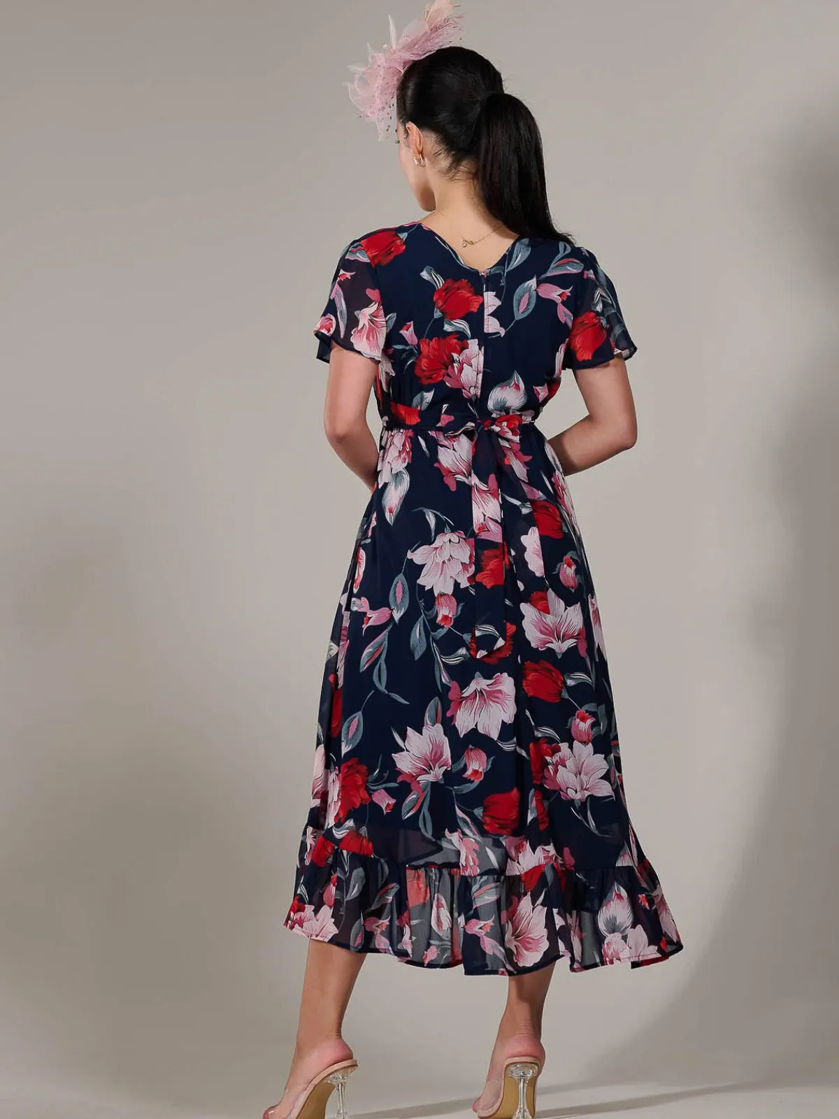 Jolie Moi Occasion Dresses|Floral Dresses-Petite High-Low Midaxi Dress, Navy Floral