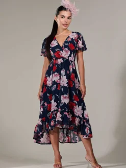 Jolie Moi Occasion Dresses|Floral Dresses-Petite High-Low Midaxi Dress, Navy Floral