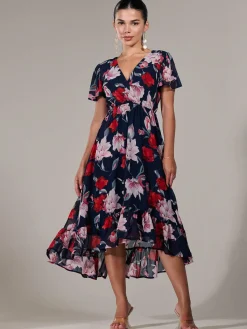 Jolie Moi Occasion Dresses|Floral Dresses-Petite High-Low Midaxi Dress, Navy Floral