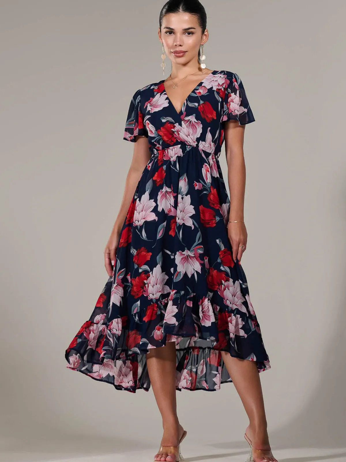 Jolie Moi Occasion Dresses|Floral Dresses-Petite High-Low Midaxi Dress, Navy Floral