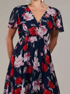 Jolie Moi Occasion Dresses|Floral Dresses-Petite High-Low Midaxi Dress, Navy Floral