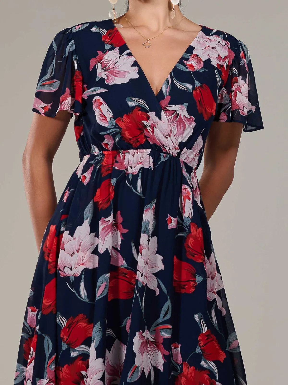 Jolie Moi Occasion Dresses|Floral Dresses-Petite High-Low Midaxi Dress, Navy Floral