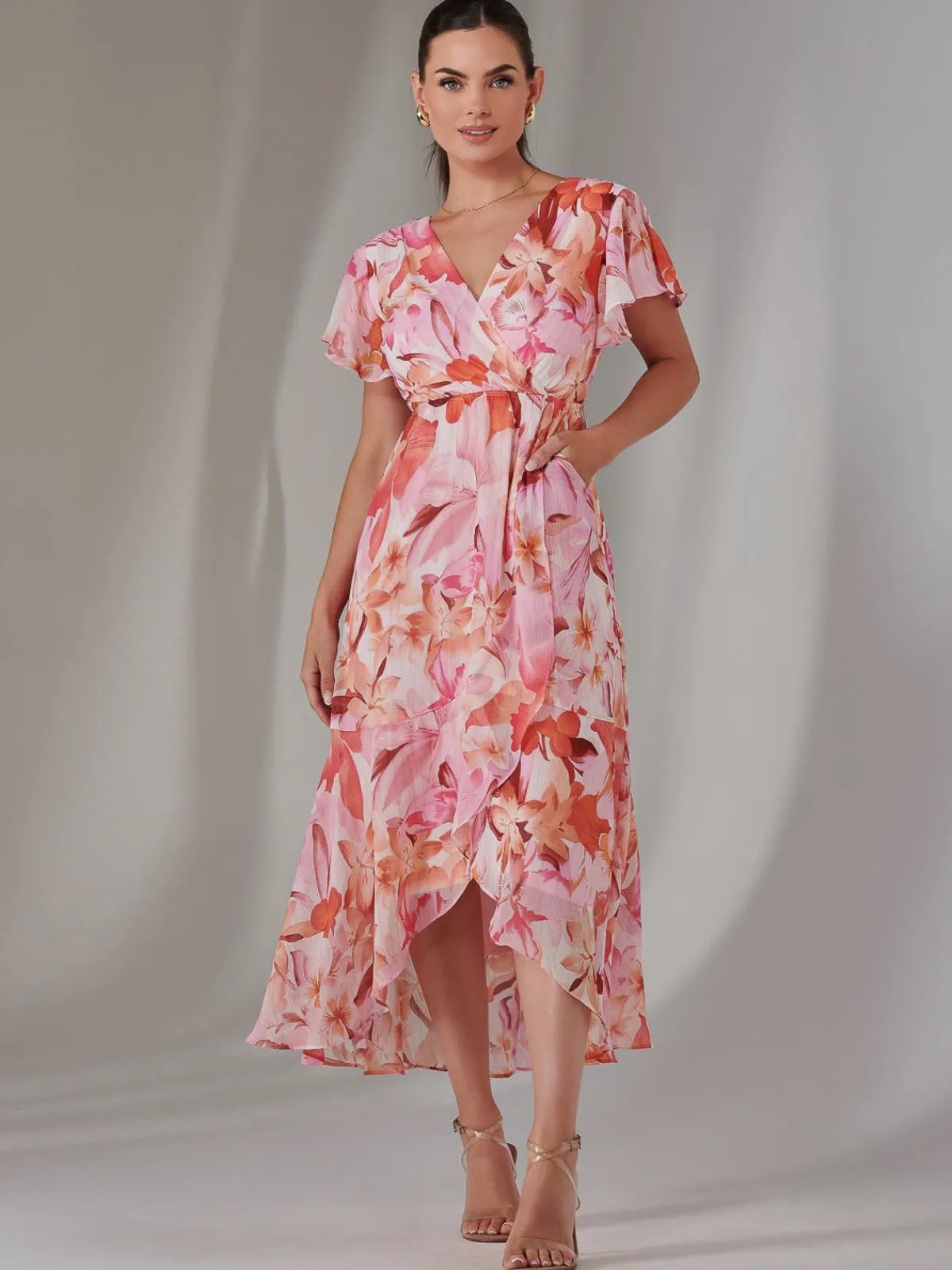 Jolie Moi Occasion Dresses|Floral Dresses-Petite High Low Midaxi Dress, Pink Floral