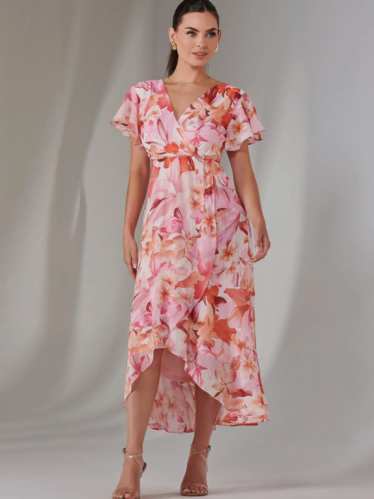 Jolie Moi Occasion Dresses|Floral Dresses-Petite High Low Midaxi Dress, Pink Floral