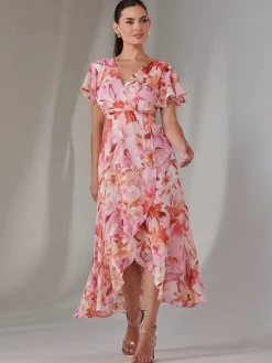 Jolie Moi Occasion Dresses|Floral Dresses-Petite High Low Midaxi Dress, Pink Floral