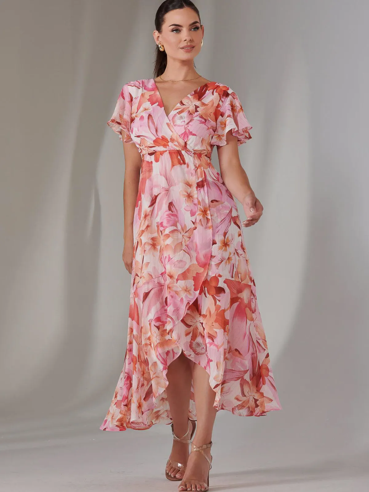 Jolie Moi Occasion Dresses|Floral Dresses-Petite High Low Midaxi Dress, Pink Floral