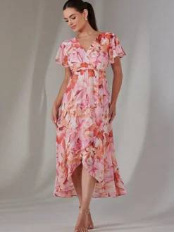 Jolie Moi Occasion Dresses|Floral Dresses-Petite High Low Midaxi Dress, Pink Floral