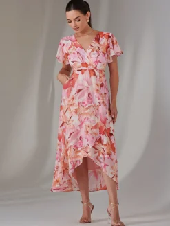 Jolie Moi Occasion Dresses|Floral Dresses-Petite High Low Midaxi Dress, Pink Floral