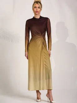 Jolie Moi Occasion Dresses|Mesh Dresses-Petite Long Sleeve Mesh Maxi Dress, Brown Multi