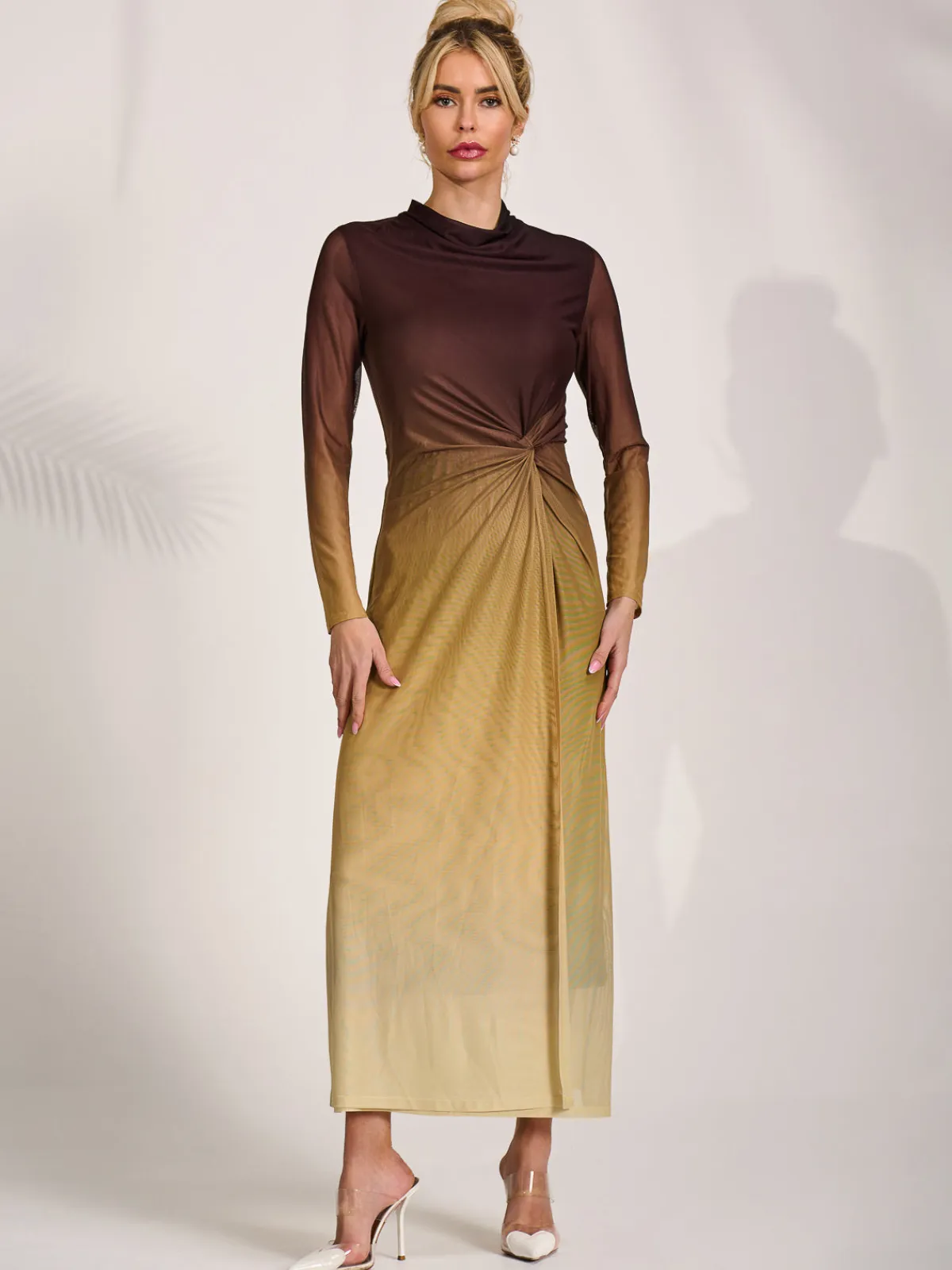 Jolie Moi Occasion Dresses|Mesh Dresses-Petite Long Sleeve Mesh Maxi Dress, Brown Multi