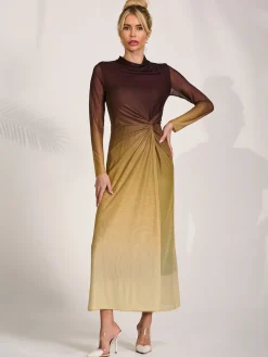 Jolie Moi Occasion Dresses|Mesh Dresses-Petite Long Sleeve Mesh Maxi Dress, Brown Multi