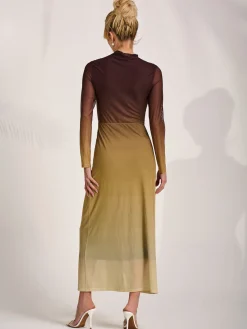 Jolie Moi Occasion Dresses|Mesh Dresses-Petite Long Sleeve Mesh Maxi Dress, Brown Multi