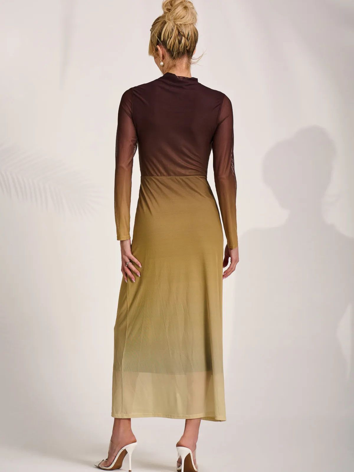 Jolie Moi Occasion Dresses|Mesh Dresses-Petite Long Sleeve Mesh Maxi Dress, Brown Multi