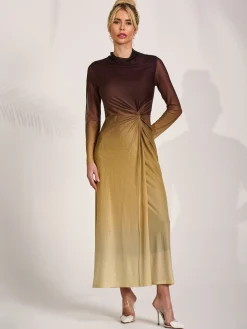 Jolie Moi Occasion Dresses|Mesh Dresses-Petite Long Sleeve Mesh Maxi Dress, Brown Multi