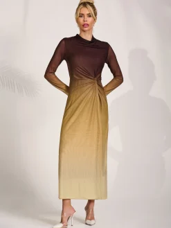 Jolie Moi Occasion Dresses|Mesh Dresses-Petite Long Sleeve Mesh Maxi Dress, Brown Multi