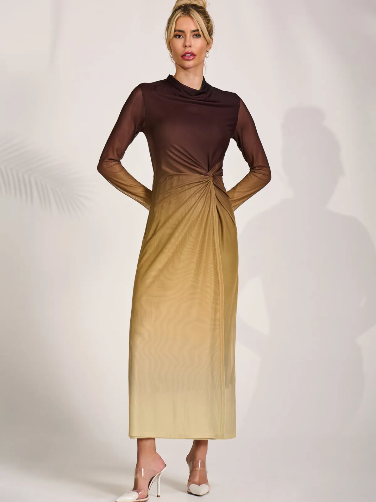 Jolie Moi Occasion Dresses|Mesh Dresses-Petite Long Sleeve Mesh Maxi Dress, Brown Multi